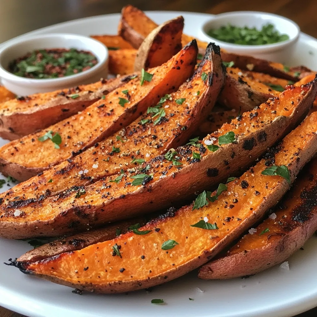Close-up view of crispy oven-baked sweet potato fries with visible seasonings, fresh herbs, and sea salt flakes