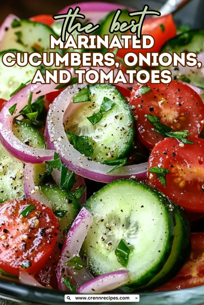 Close-up of marinated cucumbers, onions, and tomatoes in a bowl, sprinkled with fresh herbs and pepper.