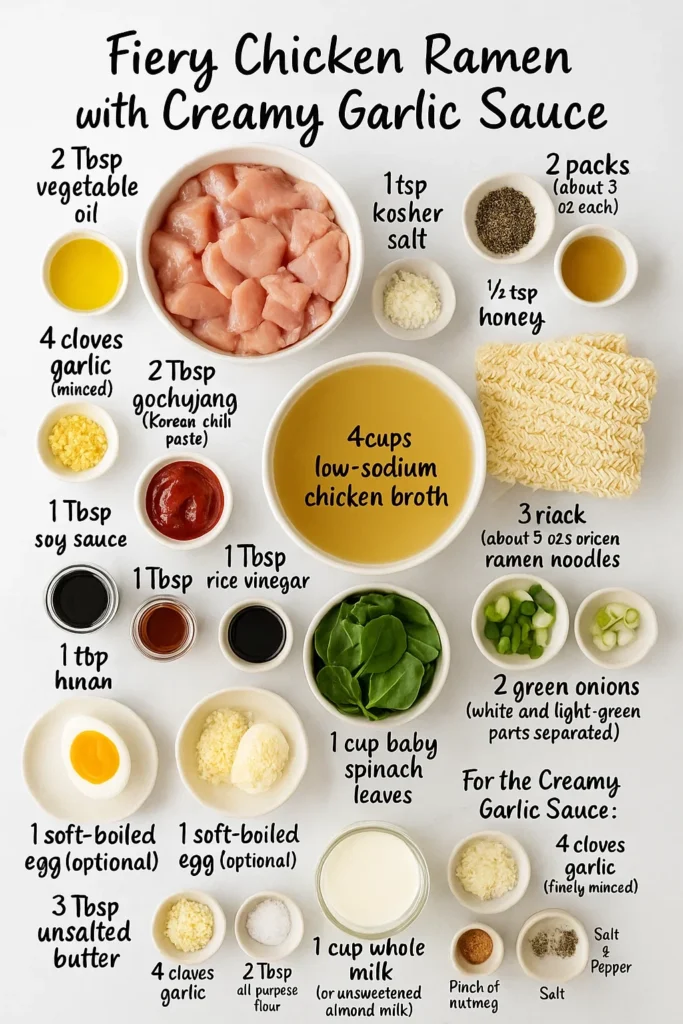 Overhead view of all ingredients for Fiery Chicken Ramen with Creamy Garlic Sauce recipe laid out in small bowls