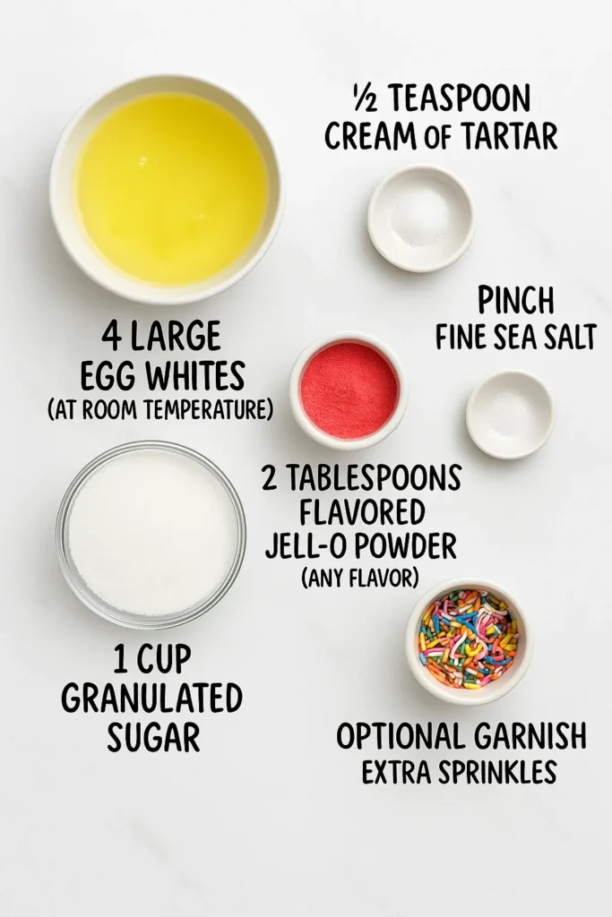Ingredients for Easy Jello Meringue Cookies laid out showing egg whites, cream of tartar, salt, Jell-O powder, sugar and sprinkles