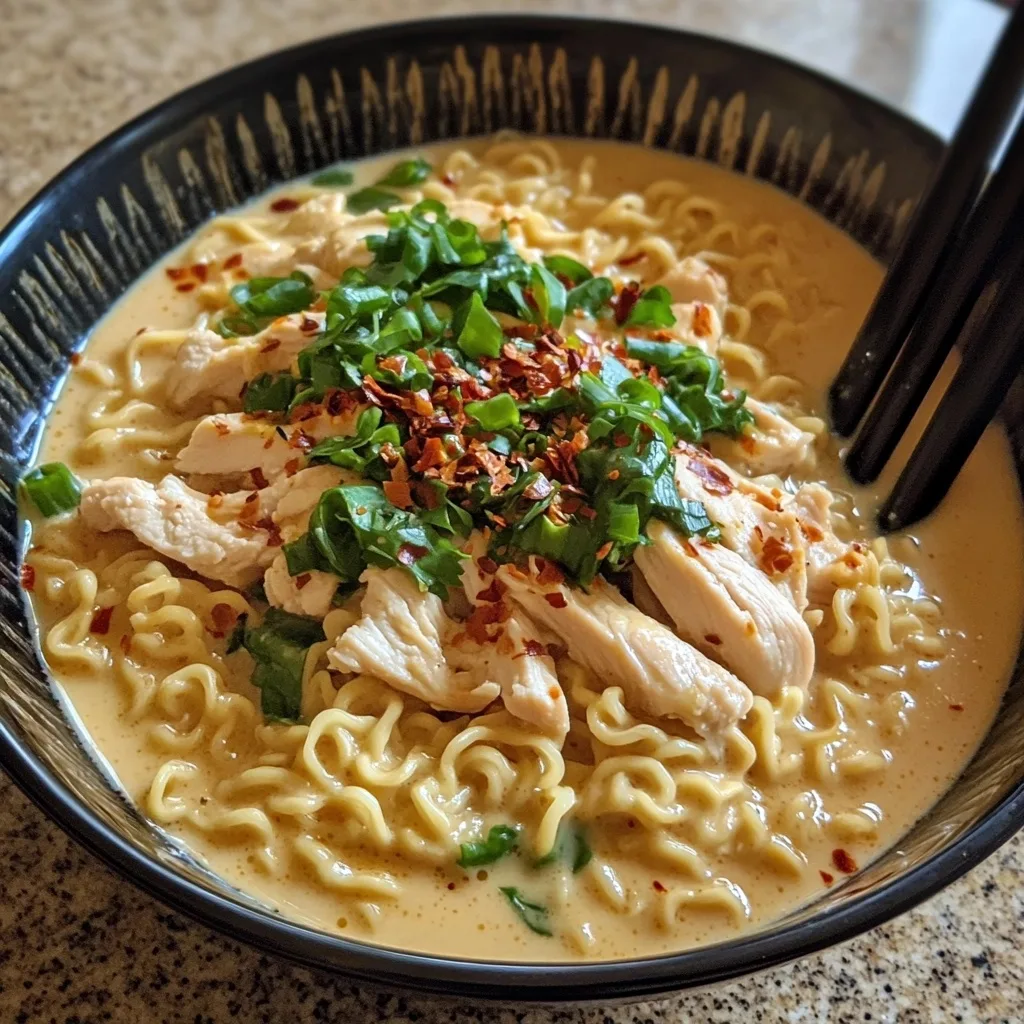 Creamy Fiery Chicken Ramen topped with tender chicken pieces, green onions, and chili flakes in a black ceramic bowl