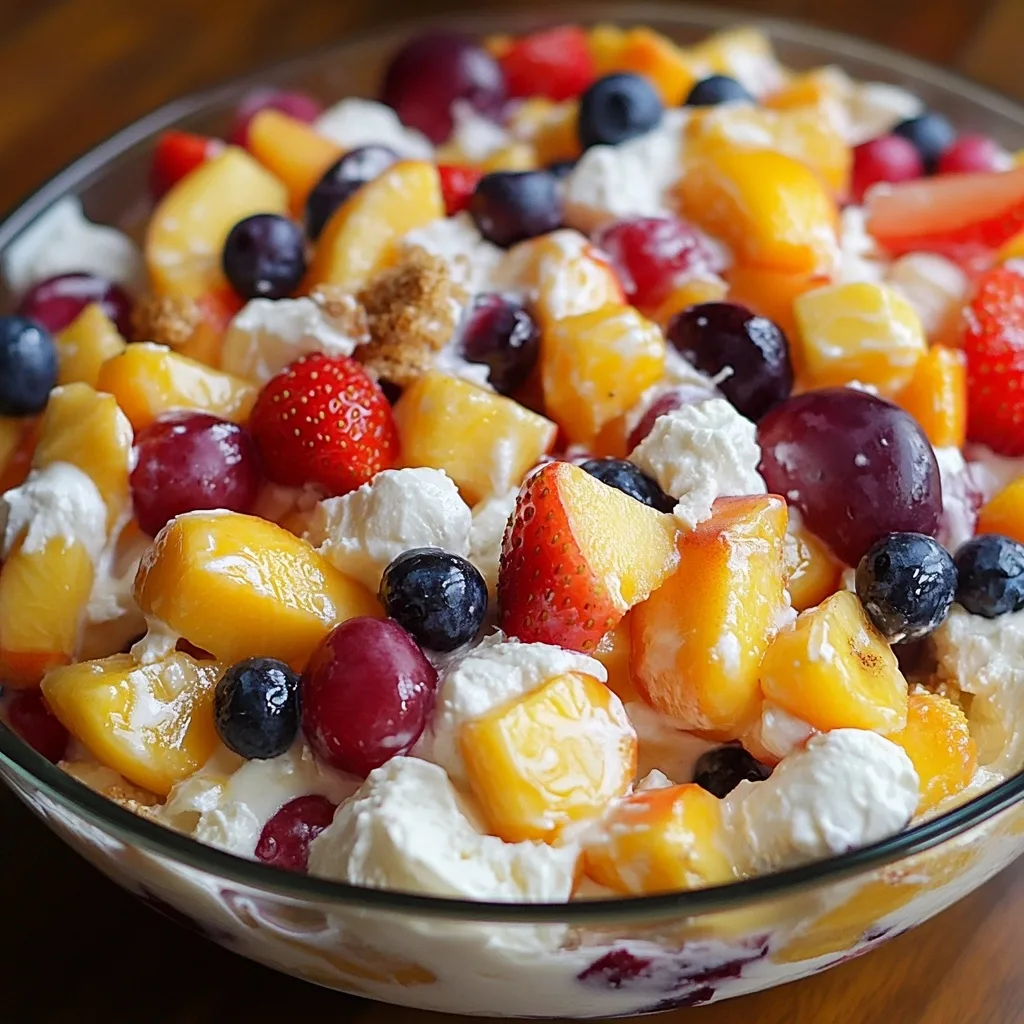 Close-up of a creamy peach cobbler cheesecake fruit salad in a glass bowl, featuring chunks of peaches, strawberries, blueberries, grapes, and dollops of cream cheese mixture.