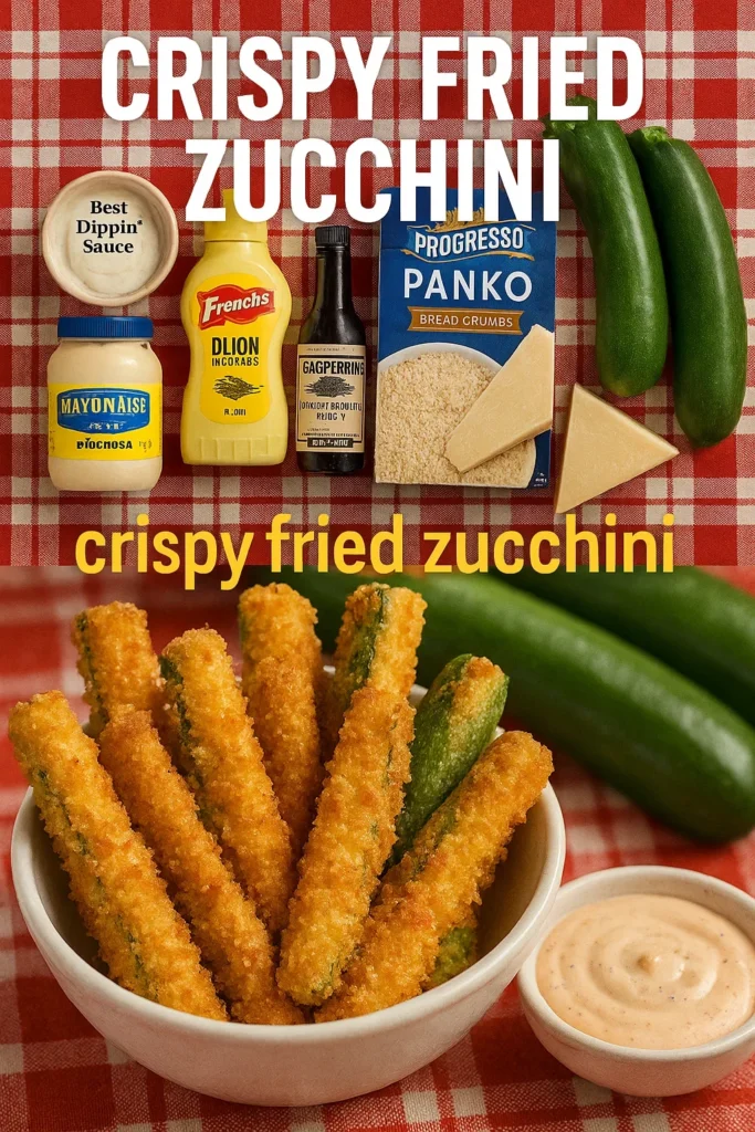 Crispy Fried Zucchini recipe ingredients display on red checkered tablecloth featuring zucchini, panko breadcrumbs, mayonnaise, Dijon mustard, and spices.