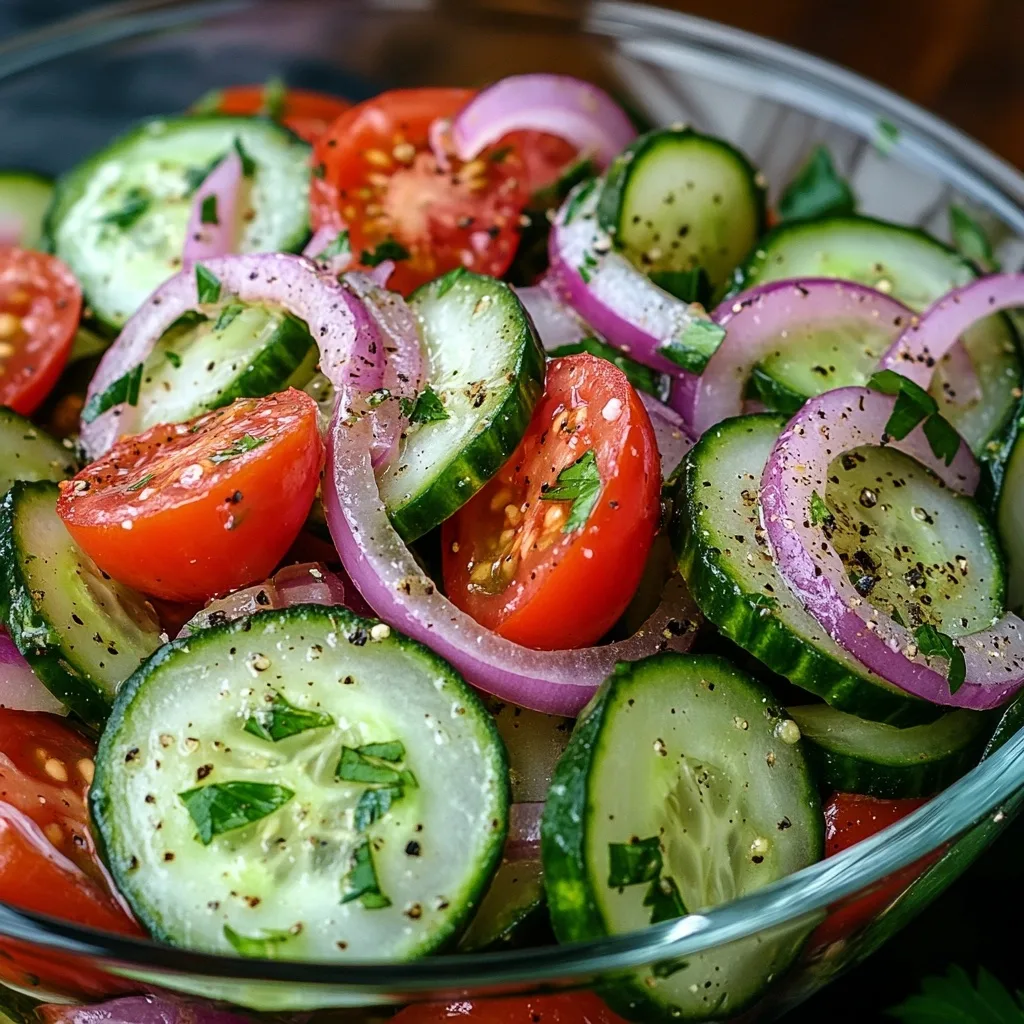 Freshly prepared Marinated Cucumbers, Onions, and Tomatoes salad with a sprinkle of black pepper and fresh herbs.