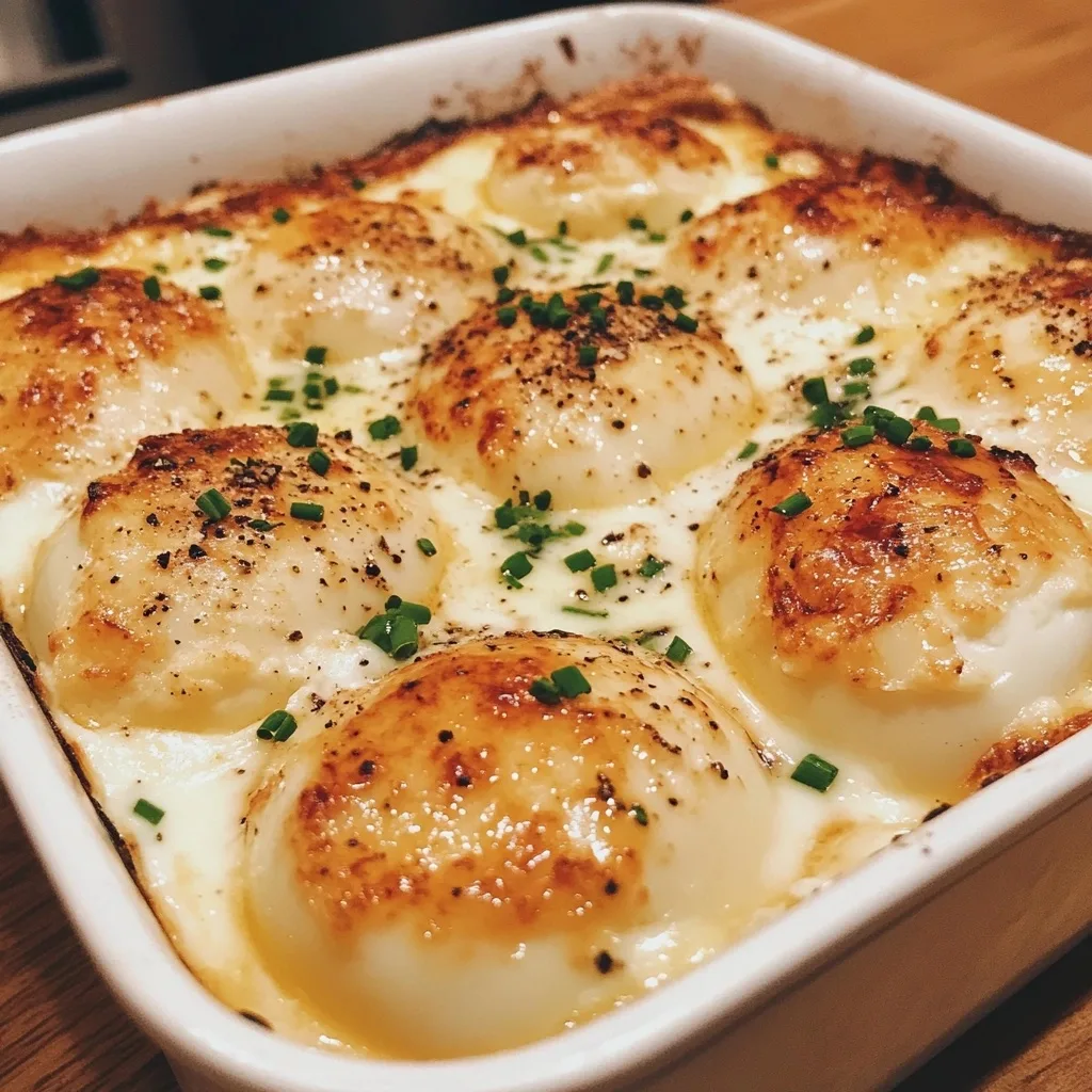 Close-up of baked eggs nestled in creamy cottage cheese base with browned tops and fresh green onion garnish