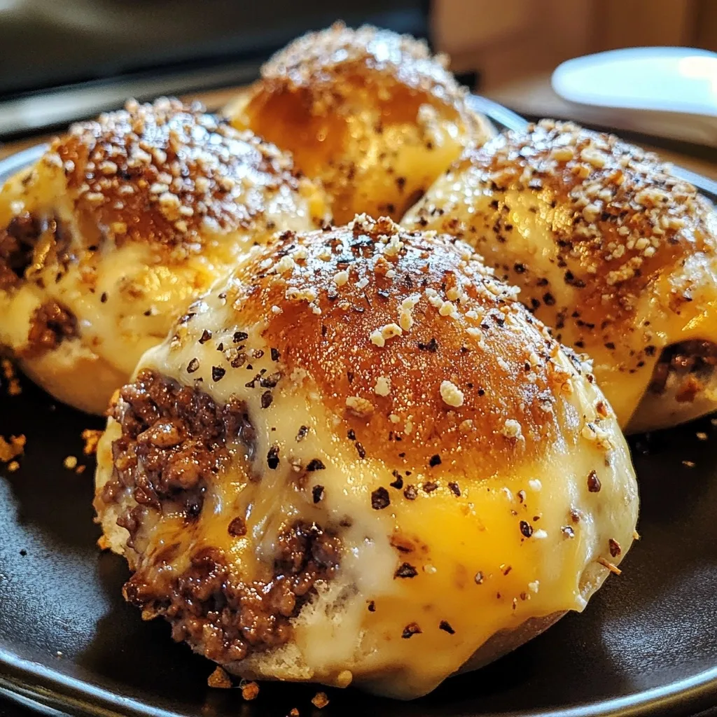 Freshly baked Garlic Parmesan Cheeseburger Bombs with golden brown tops, Parmesan coating, and melty cheese and beef filling oozing out