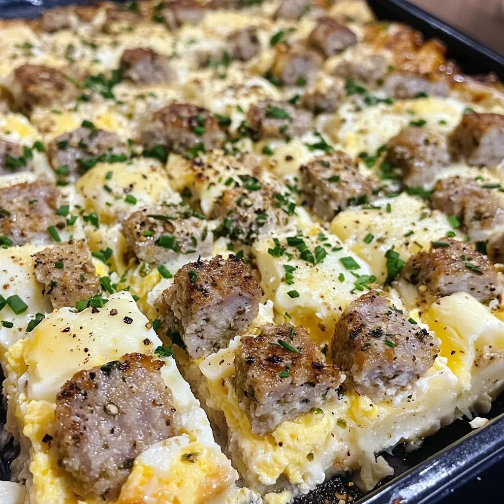 Overhead view of baked sausage and egg casserole in a dark baking dish, topped with browned sausage pieces, melted cheese, and fresh herbs.