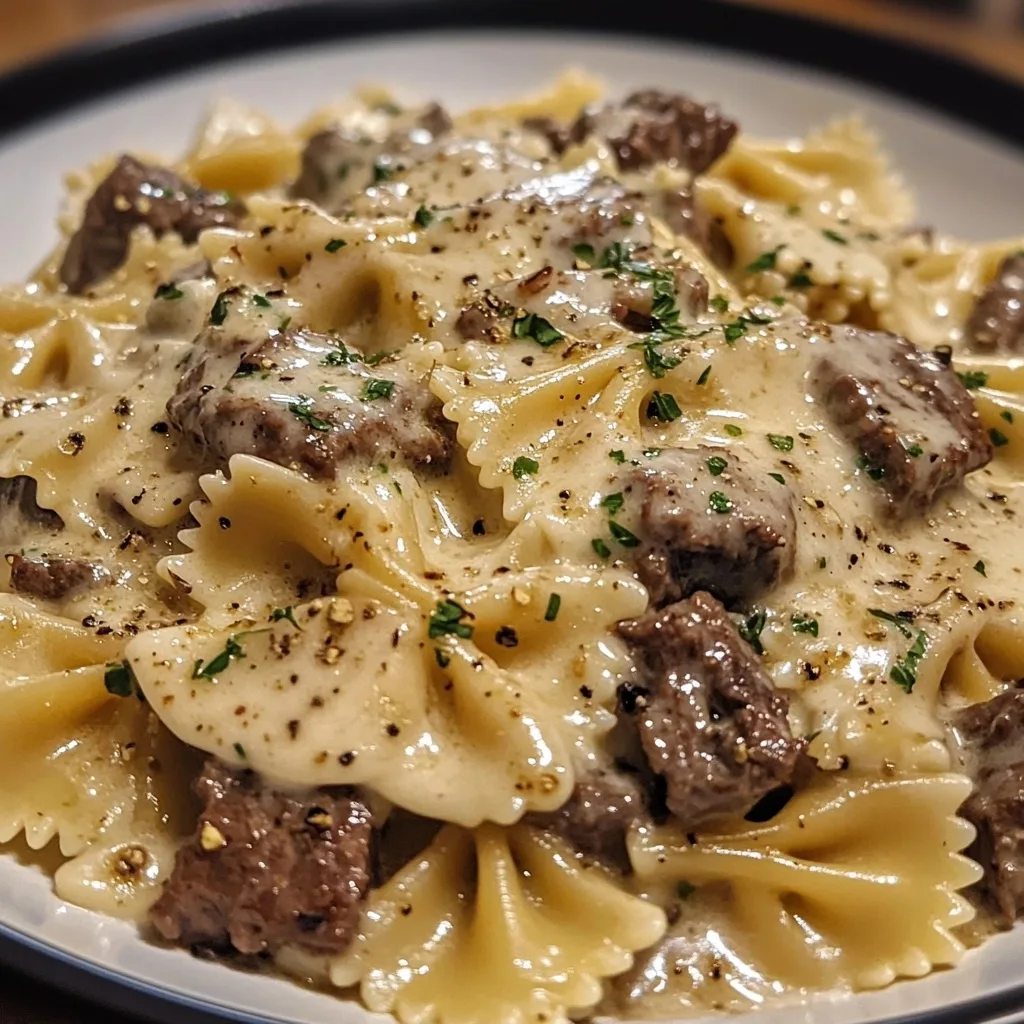 Beef and Bowtie Pasta with Alfredo Sauce featuring farfalle pasta, browned beef, and creamy Parmesan sauce garnished with herbs
