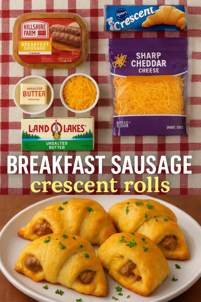 Breakfast Sausage Crescent Rolls ingredients and finished dish - Hillshire Farm sausage, Pillsbury crescents, cheddar cheese, and butter on red checkered cloth with golden baked rolls below