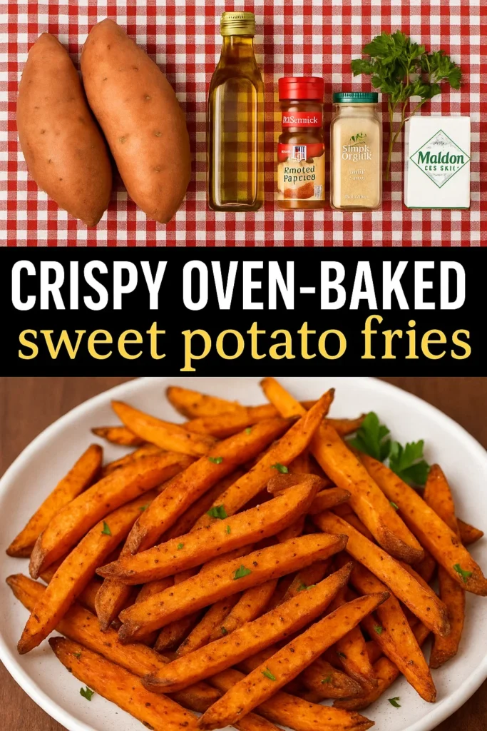 Ingredients for crispy oven-baked sweet potato fries laid out on red checkered cloth including raw sweet potatoes, olive oil, spices, and herbs