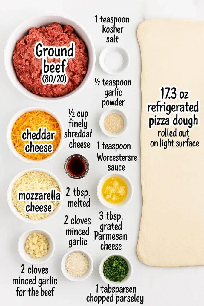 Complete ingredient layout for Garlic Parmesan Cheeseburger Bombs including ground beef, cheeses, pizza dough, and seasonings in small white bowls