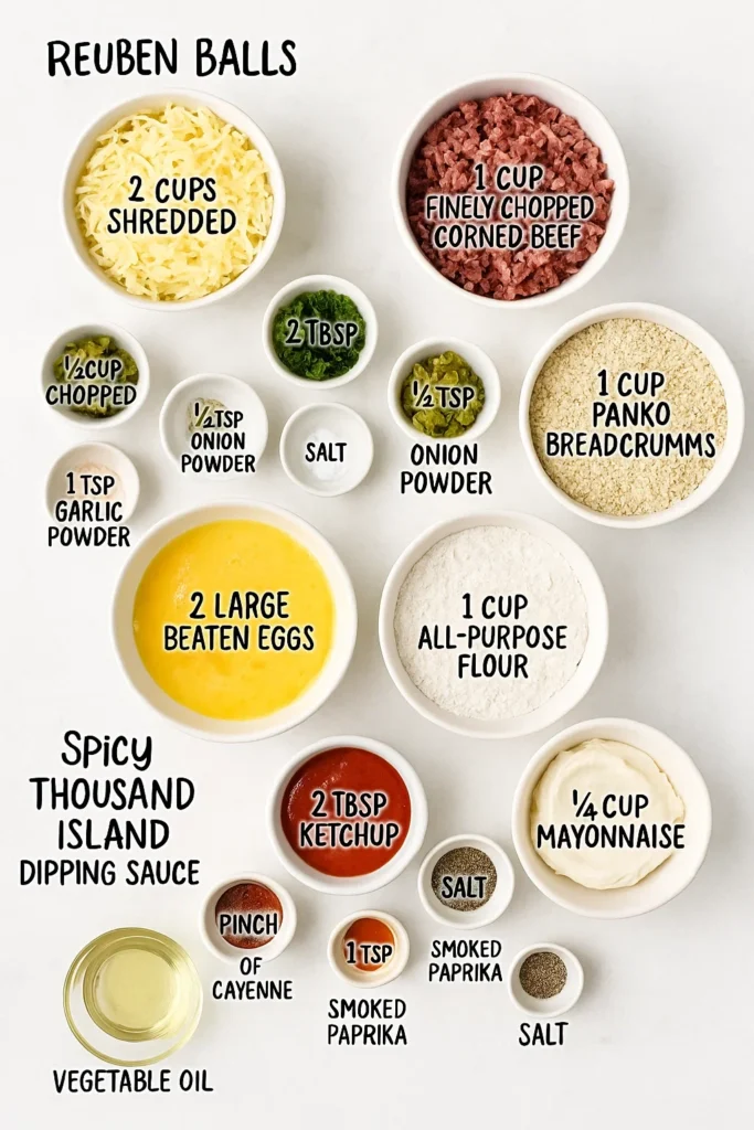 Overhead view of all ingredients for Reuben Balls recipe arranged in white bowls including Swiss cheese, corned beef, and sauce components