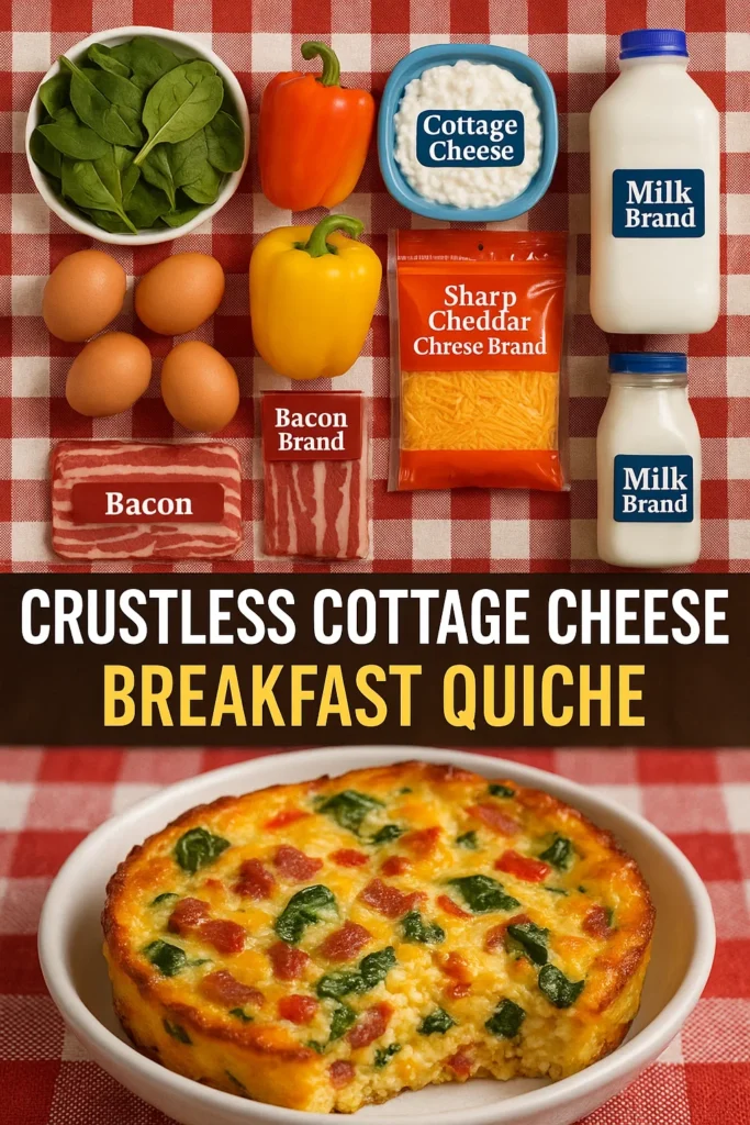 Overhead view of all ingredients for Crustless Cottage Cheese Breakfast Quiche arranged on a red checkered tablecloth
