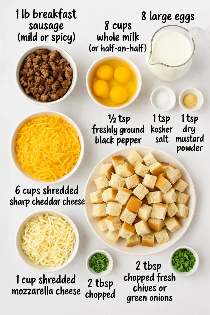 Overhead flat lay of all ingredients for overnight sausage and egg casserole with text labels, including sausage, eggs, milk, cheese, bread cubes, and seasonings.