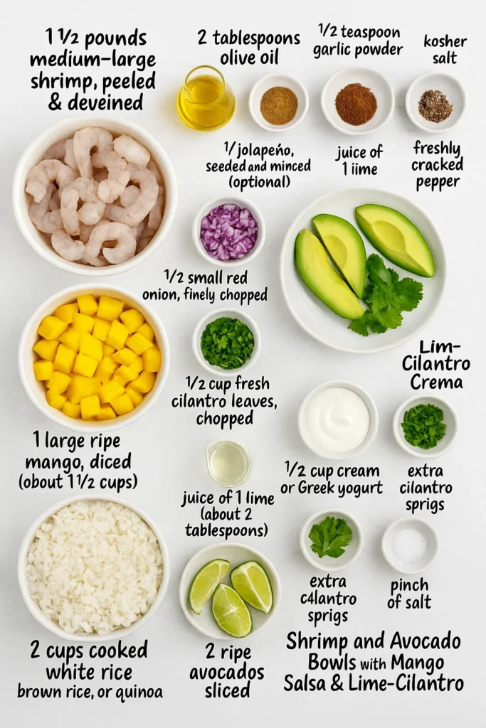 Ingredient layout for Shrimp and Avocado Bowls with labeled components including shrimp, mango, avocado, spices, and rice.