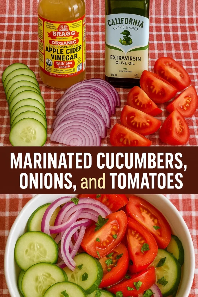 Ingredients for a Marinated Cucumber, Onion, and Tomato Salad: cucumber slices, onion rings, tomatoes, apple cider vinegar, and olive oil.