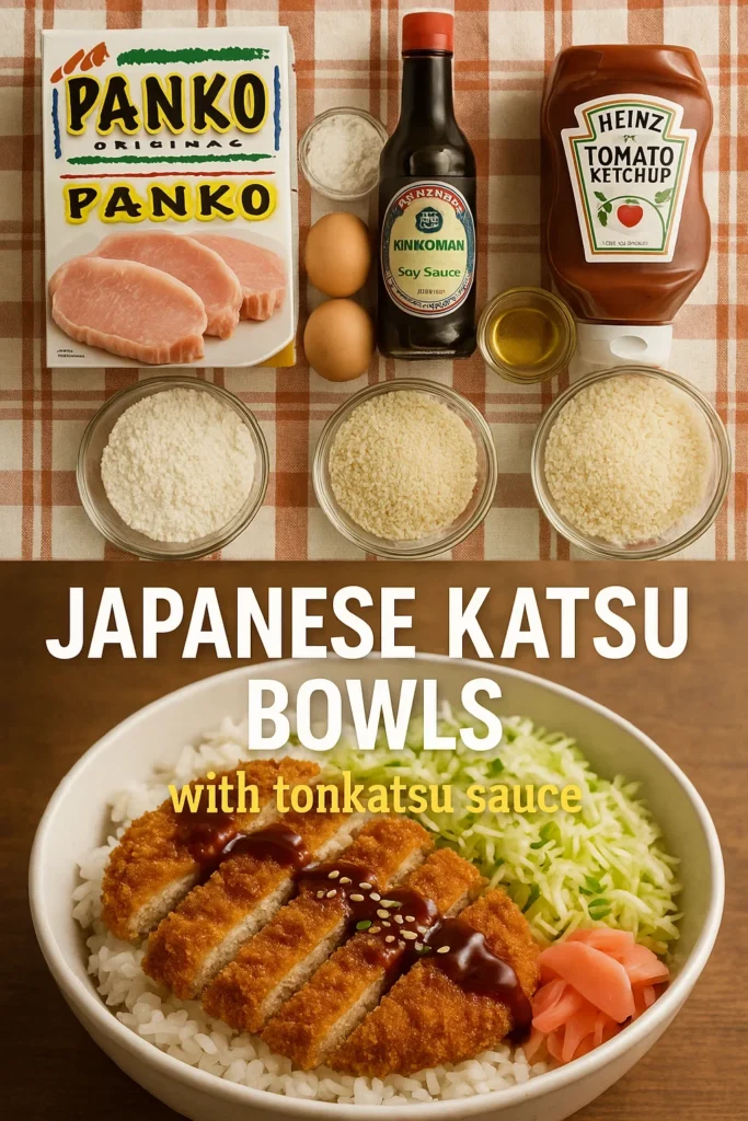 Japanese Katsu Bowl ingredients including panko breadcrumbs, pork, eggs, soy sauce and ketchup above a finished katsu bowl