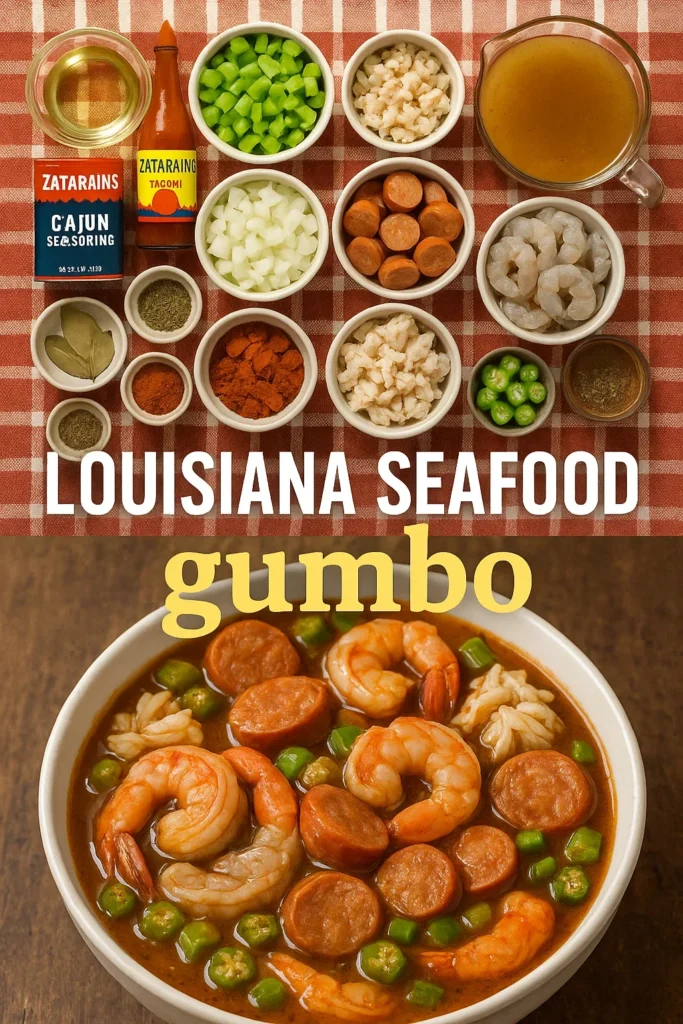 Ingredients for Louisiana Seafood Gumbo including trinity vegetables, seafood, sausage, stock, and Cajun seasonings arranged on checkered cloth