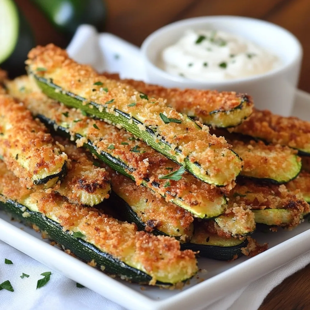 Close-up of breaded zucchini spears with golden-brown coating piled on a white square plate with creamy dipping sauce.