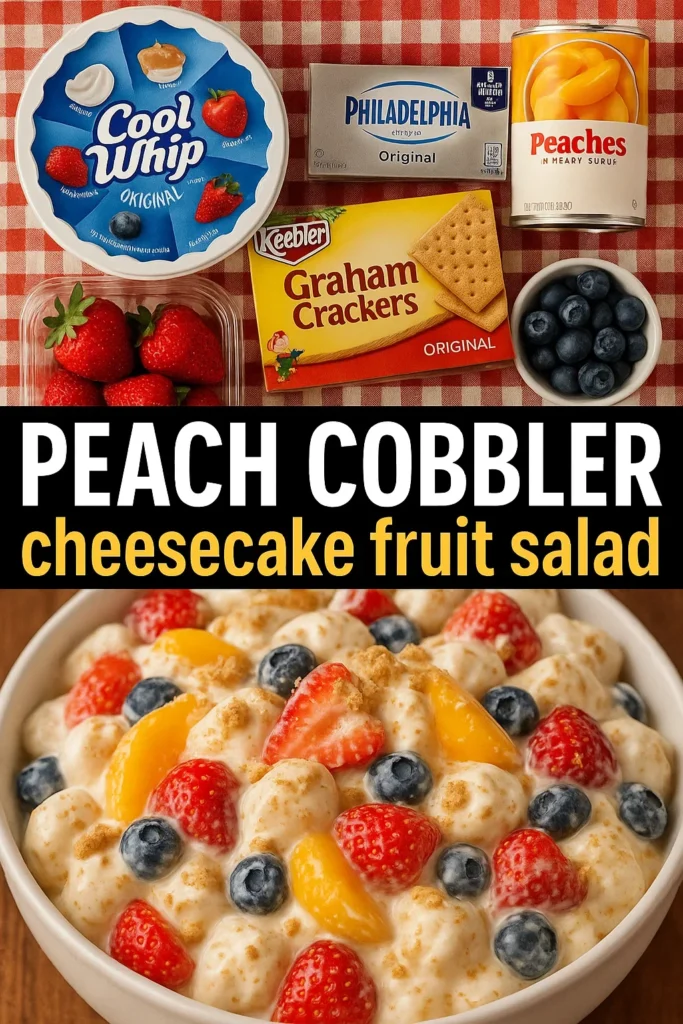 Ingredients for peach cobbler cheesecake fruit salad including Cool Whip, Philadelphia cream cheese, graham crackers, canned peaches, fresh strawberries, and blueberries, with the finished dessert shown below.
