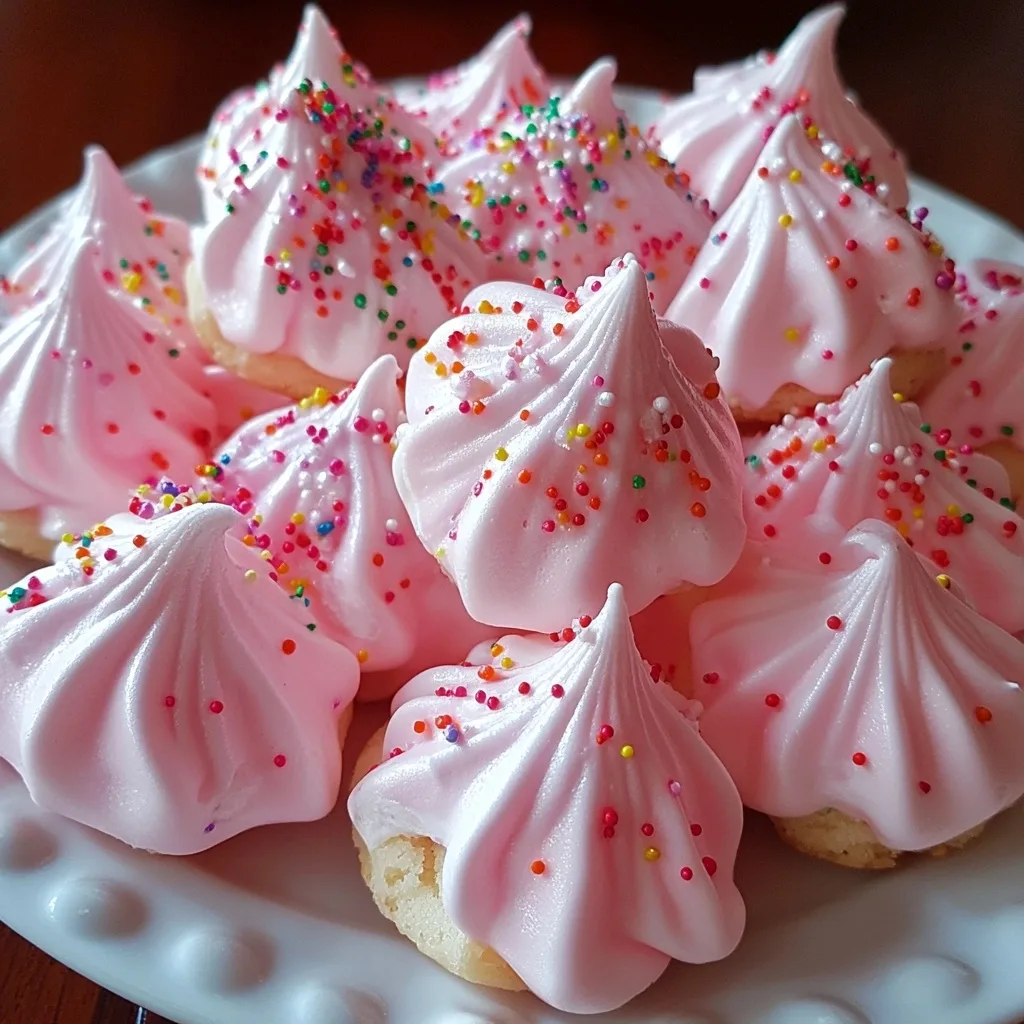 Freshly baked Easy Jello Meringue Cookies with pink strawberry flavor and colorful rainbow sprinkles arranged on a white plate