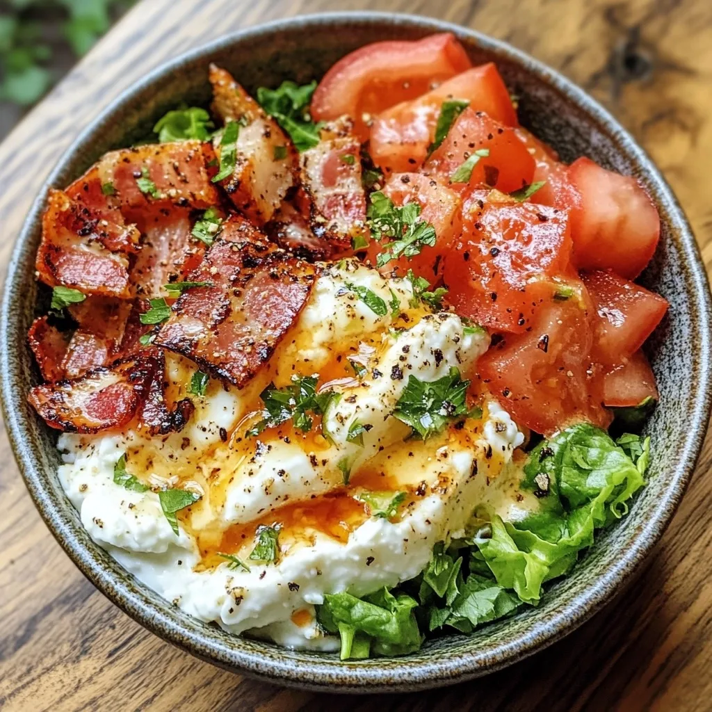 BLT Cottage Cheese Bowl with crispy bacon pieces, creamy cottage cheese, fresh lettuce, and diced tomatoes in a speckled bowl