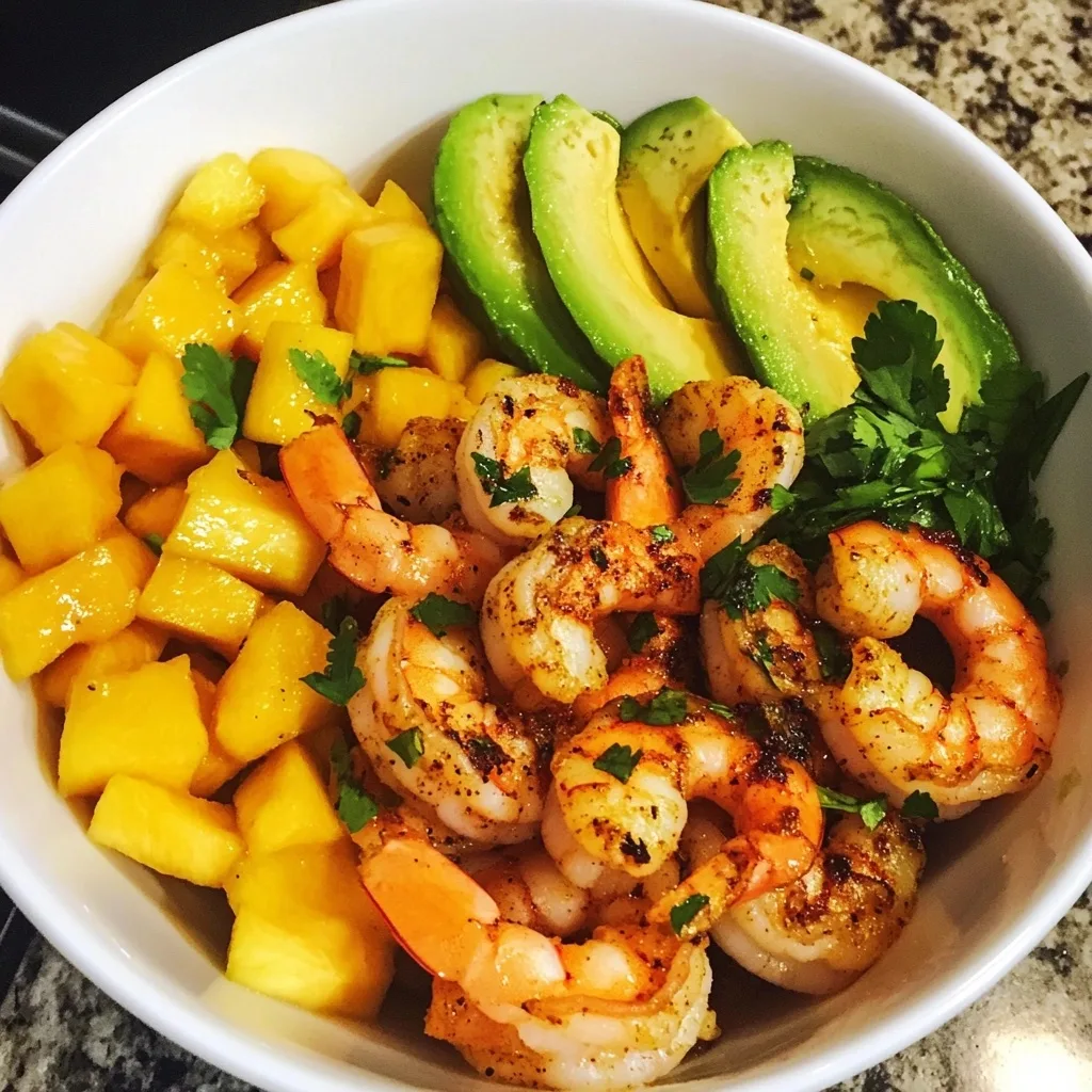 A white bowl containing seasoned grilled shrimp, diced mango, and sliced avocado garnished with fresh cilantro.