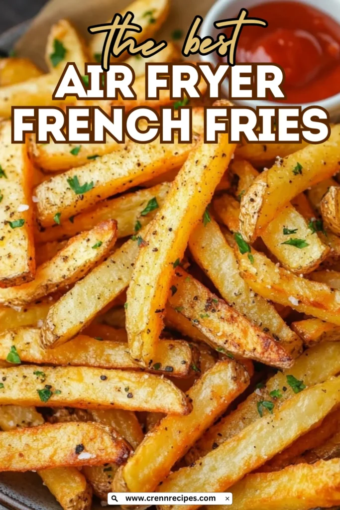 Close-up of golden Air Fryer French Fries with text overlay reading "the best AIR FRYER FRENCH FRIES"