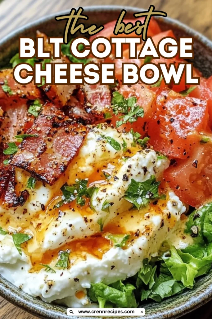 Close-up of BLT Cottage Cheese Bowl with creamy cottage cheese, crispy bacon bits, diced tomatoes, and fresh greens with "the best BLT Cottage Cheese Bowl" text overlay