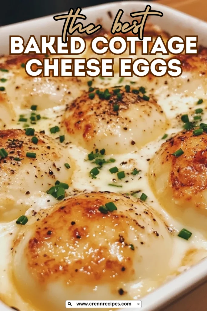 Close-up of baked cottage cheese eggs with golden-brown tops and chive garnish with "The Best Baked Cottage Cheese Eggs" text overlay