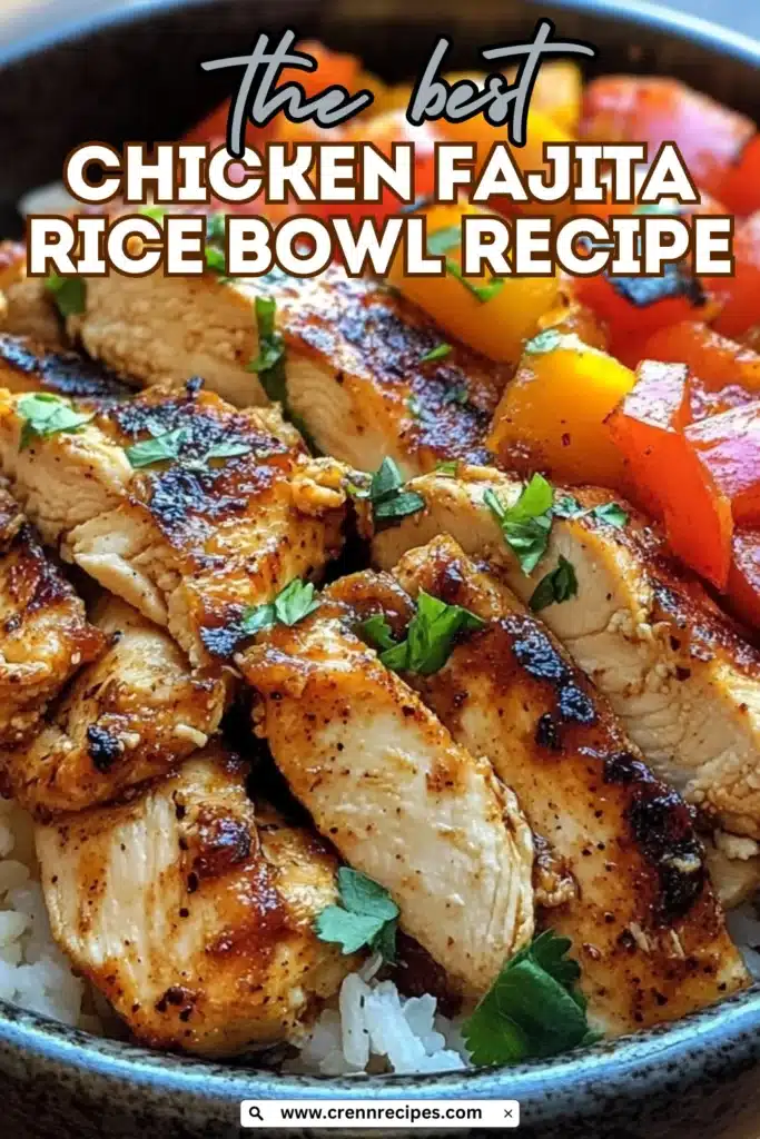 Close-up of Chicken Fajita Rice Bowl with text overlay reading "the best Chicken Fajita Rice Bowl Recipe"
