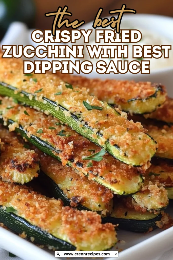 Close-up of crispy fried zucchini pieces with golden panko coating, garnished with herbs, with "The Best Crispy Fried Zucchini with Best Dipping Sauce" text overlay.