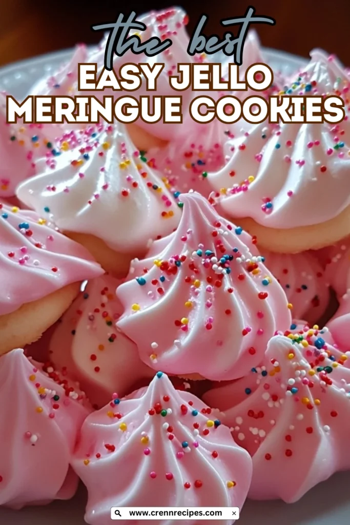 Easy Jello Meringue Cookies with pink coloring and rainbow sprinkles with text overlay reading "the best Easy Jello Meringue Cookies"