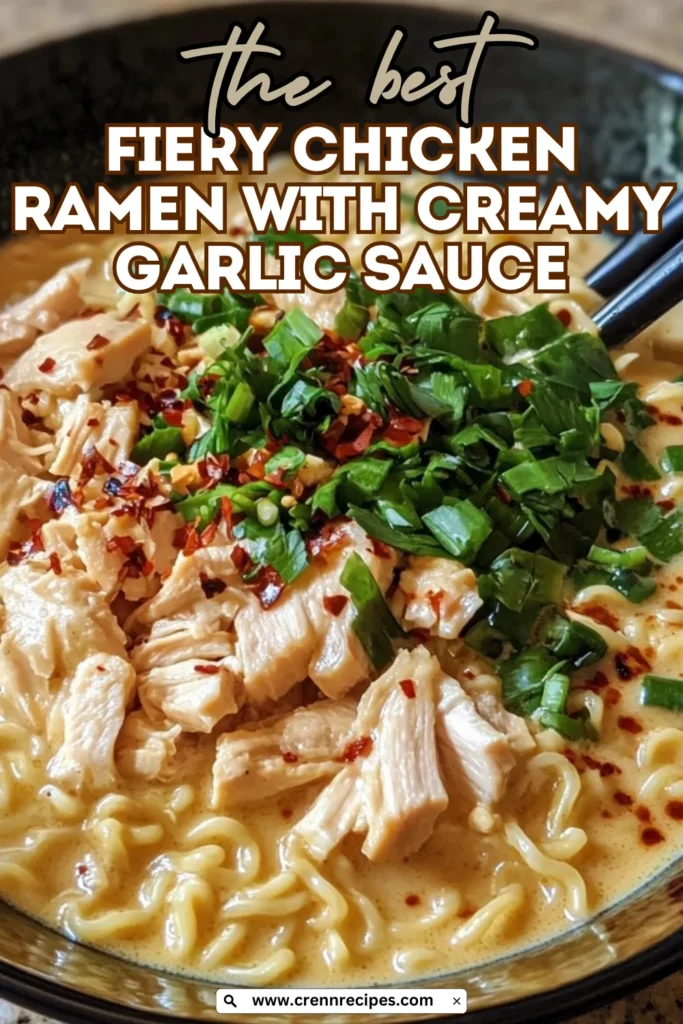 Fiery Chicken Ramen with Creamy Garlic Sauce topped with green onions and chili flakes in black bowl with website branding