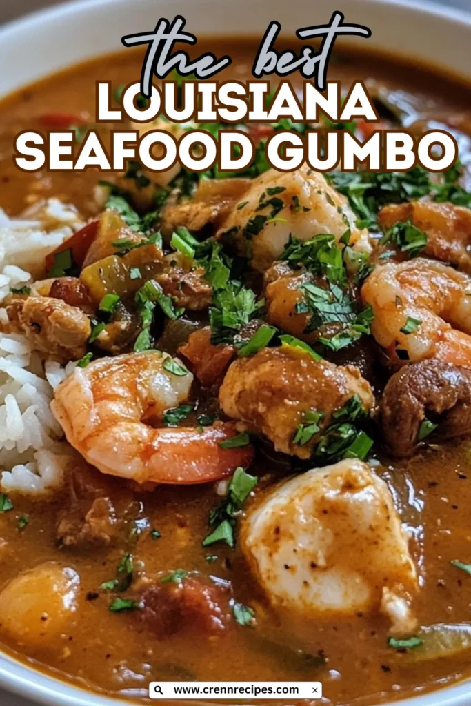 Close-up of the best Louisiana Seafood Gumbo with shrimp, crab, sausage and fresh herbs in a rich brown broth with website branding
