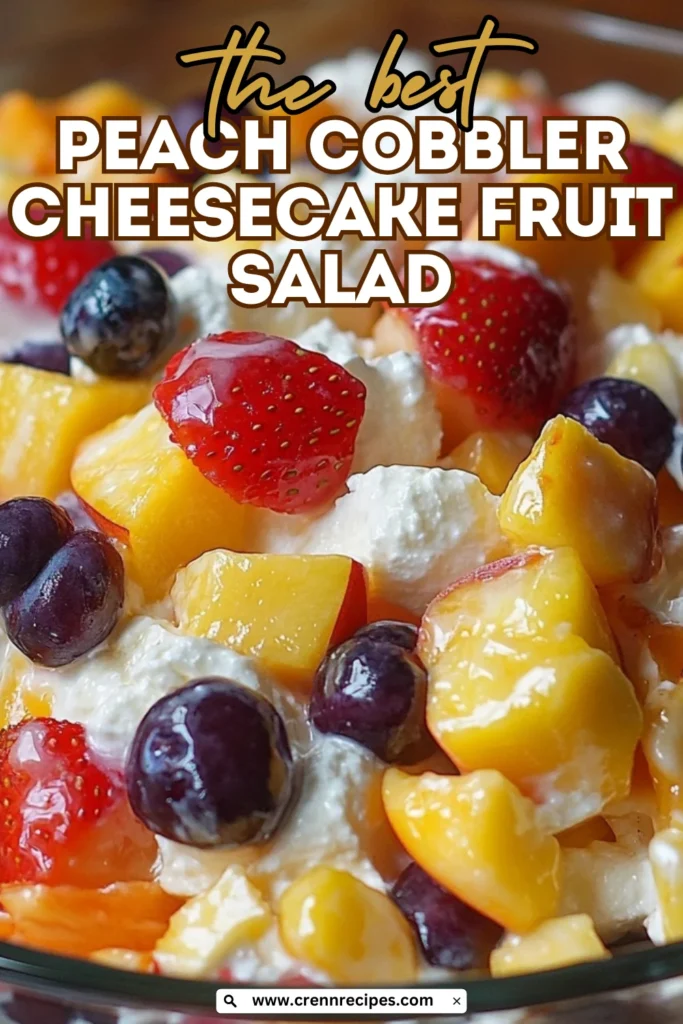 Close-up of peach cobbler cheesecake fruit salad in a white bowl with "the best PEACH COBBLER CHEESECAKE FRUIT SALAD" text overlay and website URL at bottom.