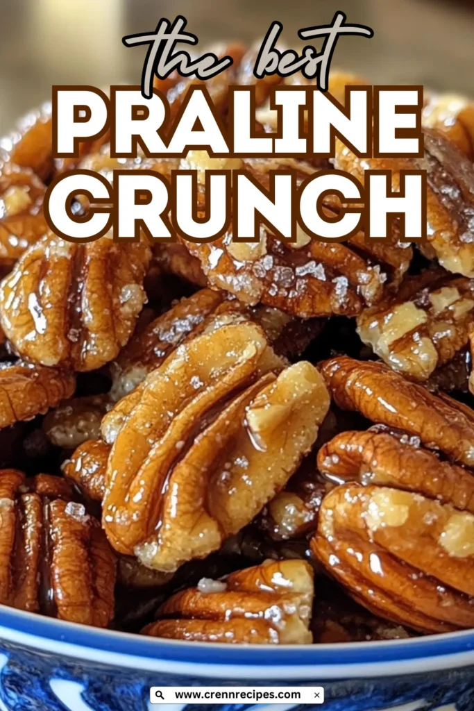 Close-up of pecan Praline Crunch in blue bowl with "The Best Praline Crunch" text overlay and website branding