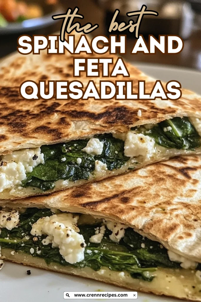 Close-up of Spinach and Feta Quesadilla slices with text overlay "the best Spinach and Feta Quesadillas"